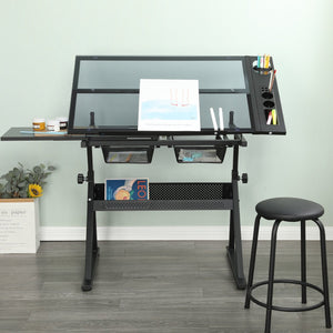English Elm Black Tempered Glass Drafting Table with Stool Tilt Adjustable Artist Studio Desk W34737210