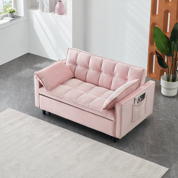 English Elm 55-inch Velvet Sofa Bed with Storage Pockets, Convertible 3-in-1 Design, Metal Legs, 500lb Capacity Pink W1658P166813