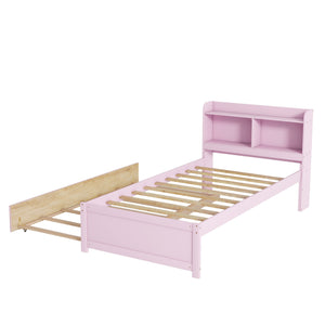 English Elm Twin Pink Trundle Bed with Bookcase Headboard — Space-Saving Twin Bed for Small Rooms, Storage Friendly W504P317860