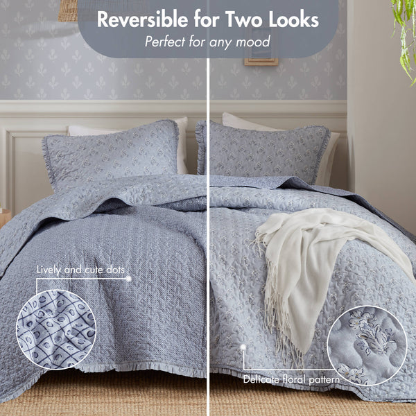 English Elm 3-piece Queen Ruffle Trim Quilt Set Vermicelli Stitched Romantic Coastal Bedding B035P408232
