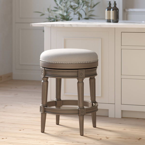 English Elm 26in. Faux Leather Swivel Barstool Nailhead Trim Carved Wood Counter Height Kitchen Gray B2751P436440