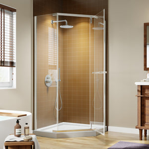 English Elm Corner Frameless Neo-angle Pivot Shower Enclosure with Tempered Glass and Sleek Hardware Brushed Nickel W637P348806