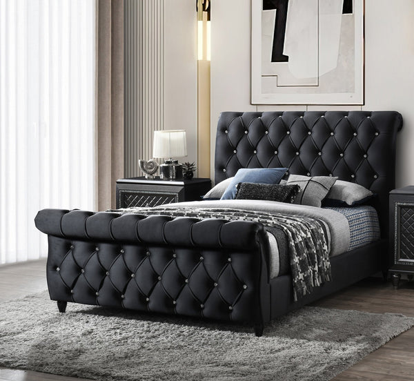 English Elm 1Pc King Panel Bed - Elegant Black Upholstered Design With Curved Headboard & Diamond Tufting B2741S00547