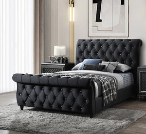 English Elm 1Pc Queen Panel Bed - Luxurious Black Upholstered Frame With Diamond-Stitched Tufting & Curved Design B2741S00546