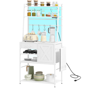 English Elm HOMCOM Baker's Rack with LED RGB Lights, Charging Station, Wine Rack, Drawer & Shelves White W2225P229081