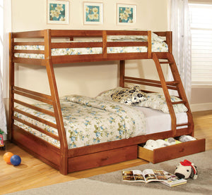 English Elm Oak Twin over Full Bunk Bed with Attached Ladder, Two Under-Bed Drawers, Modern Transitional Design Oak 58 L x 34 W x 8 H B2741S00345