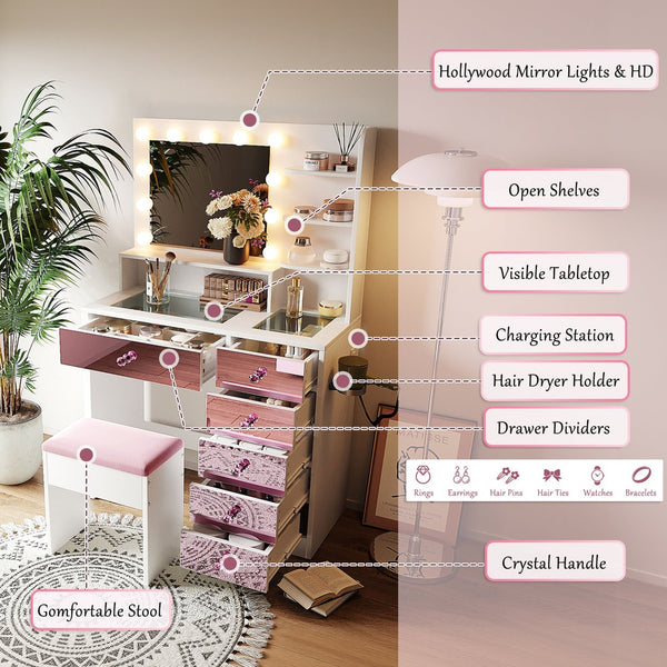 English Elm Vanity Desk with Hollywood Bulbs Glass Top Pink Glam Drawers and Cushioned Stool N704P340246K