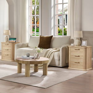 English Elm 22" Fluted Wood Nightstand with Built-in Charging Station Three Drawer Bedside Storage Oak T5326P431150