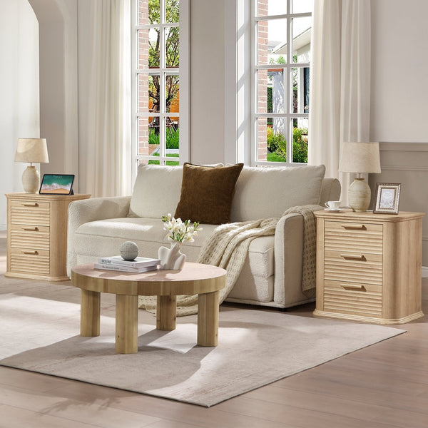 English Elm 22" Fluted Wood Nightstand with Built-in Charging Station Three Drawer Bedside Storage Oak T5326P431150