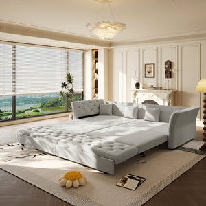 English Elm 100" Oversized Velvet Sleeper Sofa with Floral Tufted Cushions for Living Room Light Grey W1885S00302