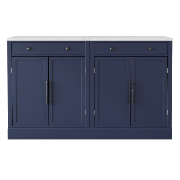 English Elm [Assembly Modern Freestanding Kitchen Pantry with Faux Marble Top, Set of 2 Cabinets with Drawer, Adjustable Shelves, Sleek Durable Design for Dining Room and Coffee Bar Blue SP000074AAC