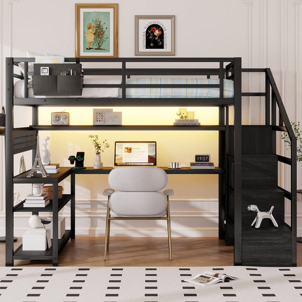English Elm Full Size Steel Loft Bed with Staircase Storage Wardrobe Desk and Led Lighting Black W2593S00079
