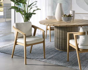 Sunpan Coraline Outdoor Dining Armchair in Palazzo Cream - Stylish, Durable Teak Frame for Any Space