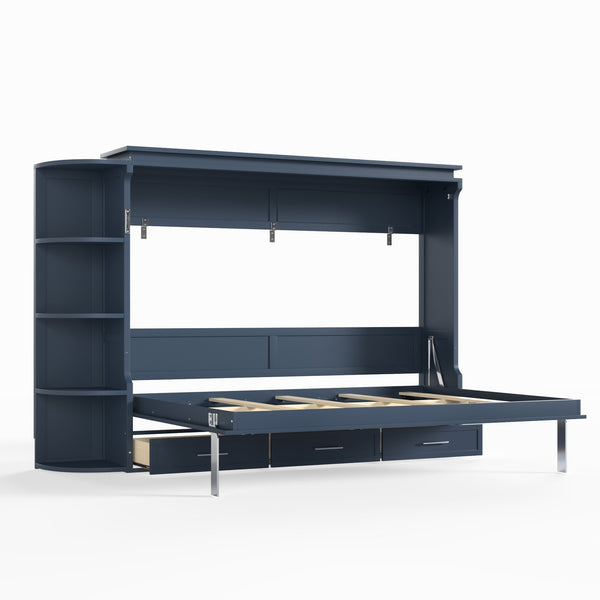 English Elm Queen Murphy Wall Bed with Side Cabinets Open Shelving and Drawers for Studio Rooms Blue W1580S00453