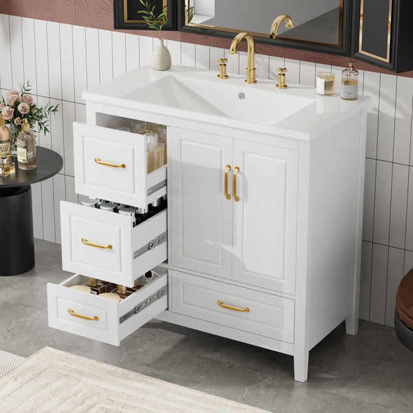 English Elm Christopher Knight Home® - 36" Freestanding Bathroom Vanity with Resin Sink, Soft-Close Doors & Drawers, Gold Alloy Handles, Spacious Storage and Easy Plumbing Access White N759P292552K