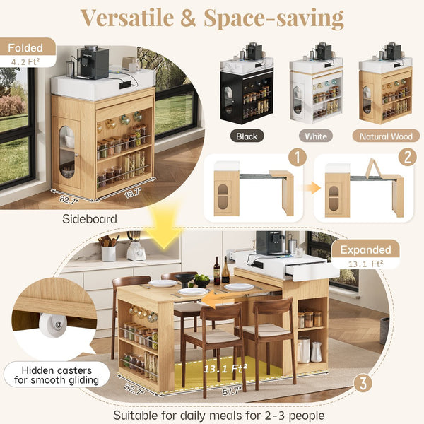 English Elm [video] Trexm Extendable Kitchen Island with Power Outlet Drawers and Rolling Base XW000028AAN