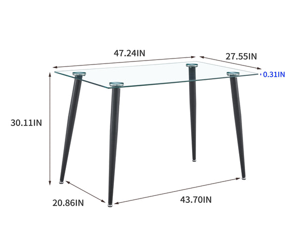 English Elm Glass Dining Table - Sleek Tempered Glass Top With Black Metal Legs For 4, Ideal For Home & Office W370S00055