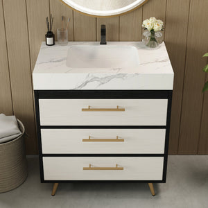 English Elm Modern Freestanding Bathroom Vanity with Sintered Stone Top and Gold Steel Legs W3136S00049