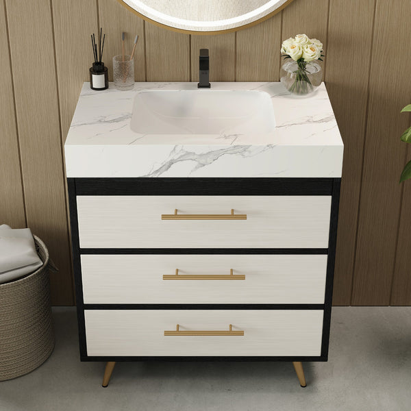 English Elm Modern Freestanding Bathroom Vanity with Sintered Stone Top and Gold Steel Legs W3136S00049