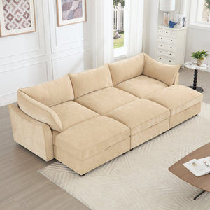 English Elm 3-Seater Sofa Set With Footstools And Pull-Out Drawers, Cozy Chenille Upholstery In Wheat Color W3041S00178