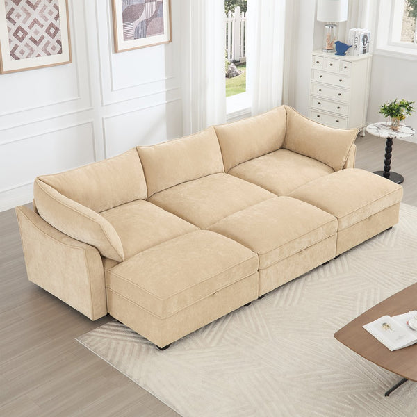 English Elm 3-Seater Sofa Set With Footstools And Pull-Out Drawers, Cozy Chenille Upholstery In Wheat Color W3041S00178