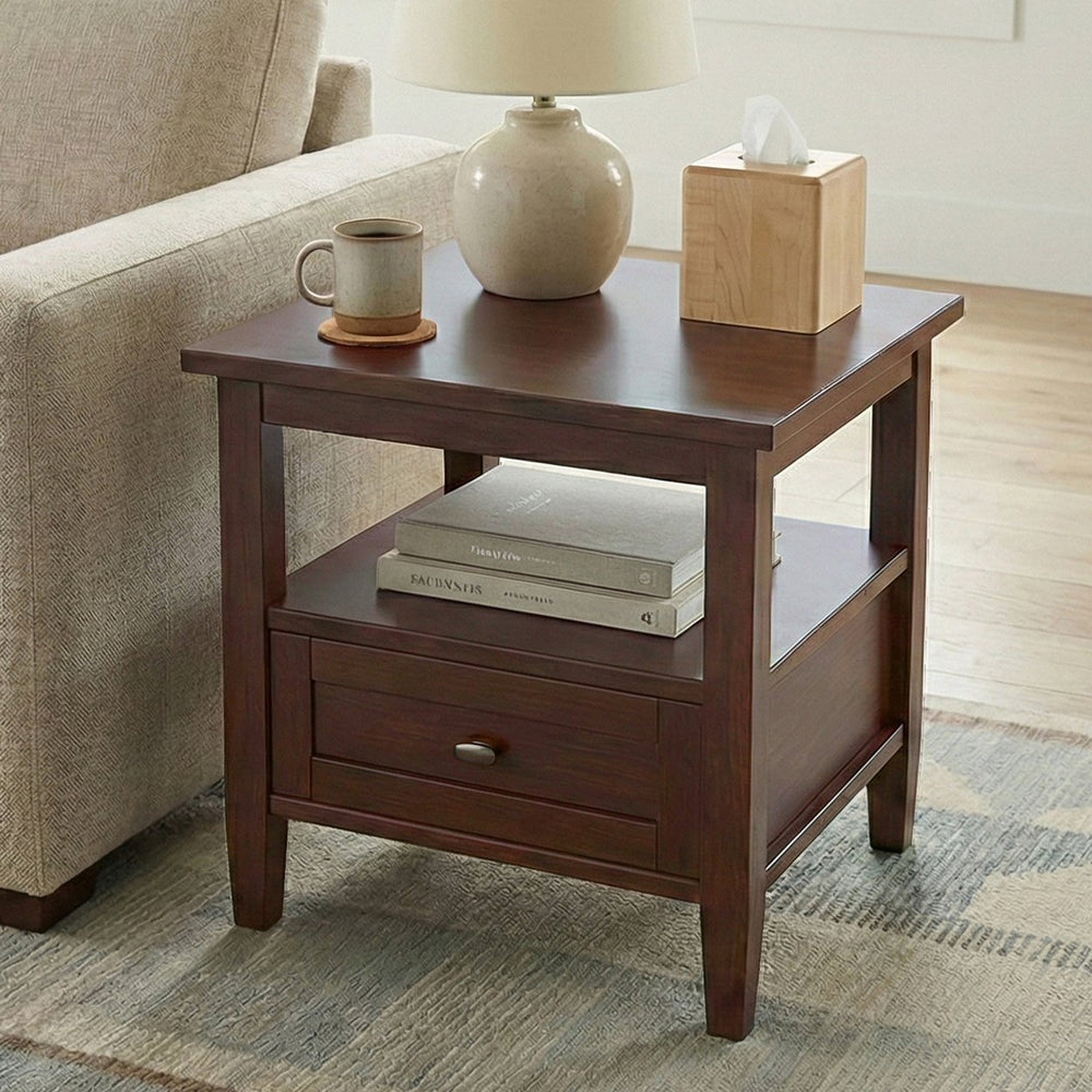 English Elm Warm Shaker Solid Wood End Table with Drawer Open Shelf Rustic Living Room Accent B136P481642