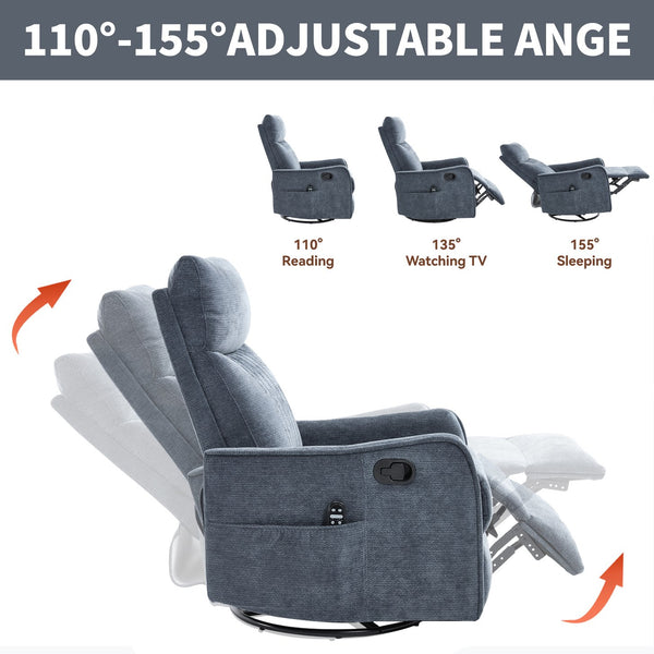 English Elm Blue Fabric Swivel Rocker Recliner with Massage Heat Nodes for Living Room Comfort Blue W1803P321823