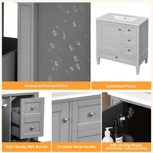 English Elm 30 30 Inch Bathroom Vanity with Ceramic Sink, Modern Compact 3-Drawer Storage Cabinet for Small Baths Grey N710P247499E