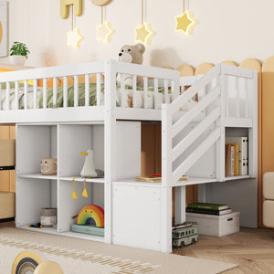 English Elm Twin Loft Bed with Built-In Stairs, Shelves, Hanging Rod & 2 Drawers for Space-Saving Kids Room White 45.87 L x 18.5 W x 10.83 H W2593S00004