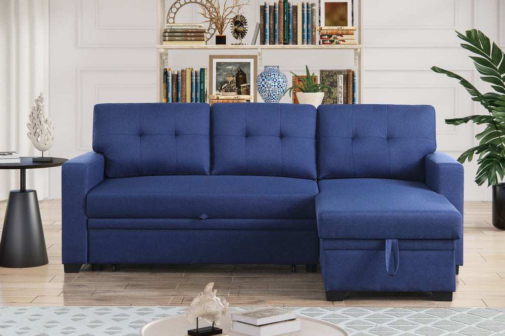 English Elm Convertible Upholstered Sectional Sofa with Pull-out Chaise Sleeper and Storage Blue B2730S00006