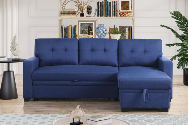 English Elm Convertible Upholstered Sectional Sofa with Pull-out Chaise Sleeper and Storage Blue B2730S00006