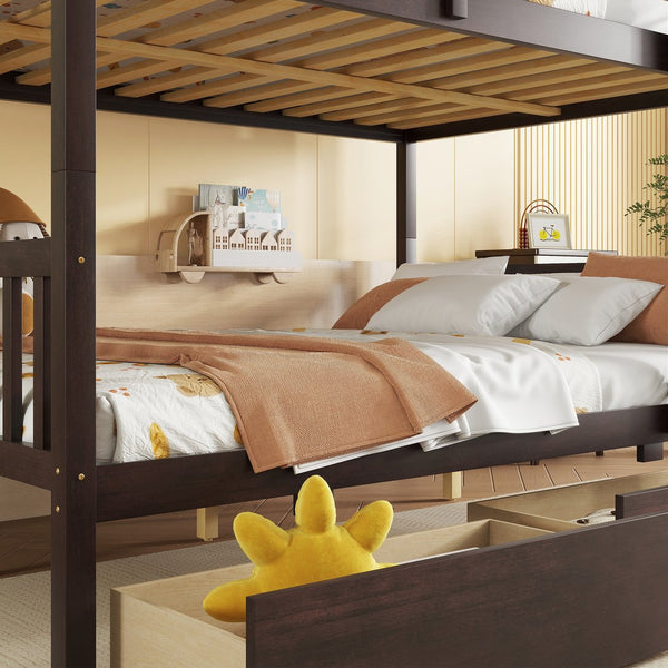 English Elm Full Full Over Full Rubber Wood Bunk Bed With 2 Storage Drawers, Convertible Into 2 Separate Beds, Espresso W504S00196