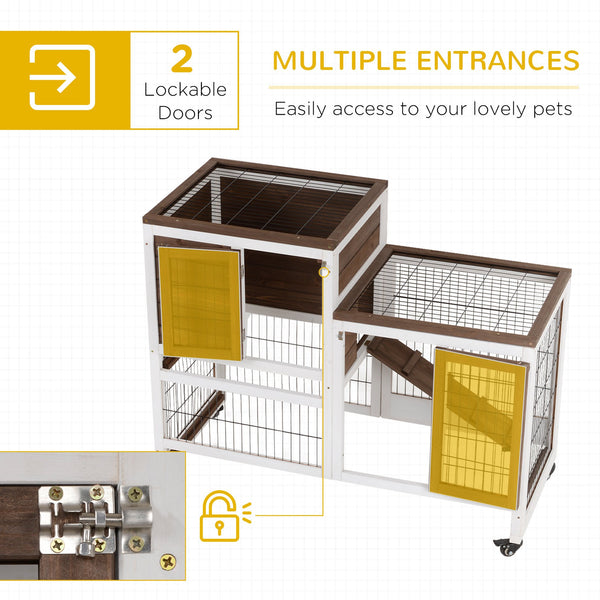 English Elm Wooden Two-story Fir Rabbit Hutch with Enclosed Run Wheels and Pull-out Trays T3971P407331