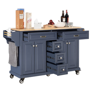 English Elm Kitchen Island durable rubberwood countertop kitchen cart on casters with towel rack, spice shelf, 5 drawers and adjustable shelving for organized meal prep and mobility Blue W914S00005