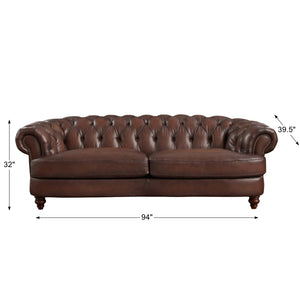 English Elm Newport Hand-Finished Leather Sofa with Nailhead Trim, Serpentine Front Rail & Turned Wood Legs B2705P211810