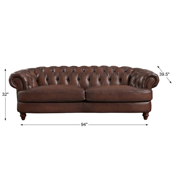English Elm Newport Hand-Finished Leather Sofa with Nailhead Trim, Serpentine Front Rail & Turned Wood Legs B2705P211810