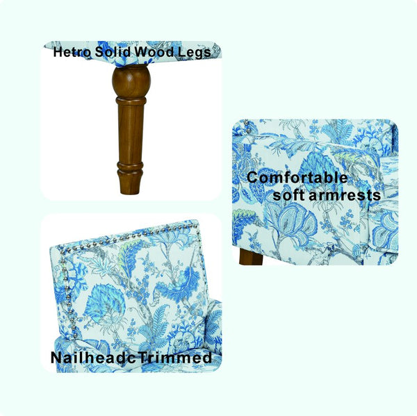 English Elm Accent Slipper Chair Botanical Tapestry Upholstery Nailhead Trim Solid Wood Legs Farmhouse Blue W5568P445699