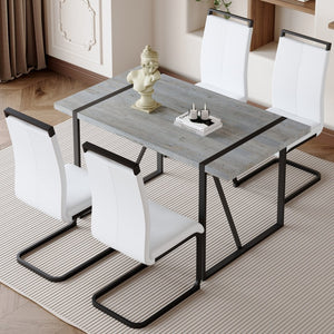 English Elm Table And Chair Set - Modern Grey Marble Mdf Dining Table With Metal Frame & 4 White Pu Chairs W1151S02685-GIGA