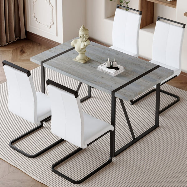 English Elm Table And Chair Set - Modern Grey Marble Mdf Dining Table With Metal Frame & 4 White Pu Chairs W1151S02685-GIGA
