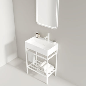 English Elm LOFI Ceramic Integrated Bathroom Vanity 24" with Rectangular Basin, Open Metal Shelf, Easy Clean White W2615S00051