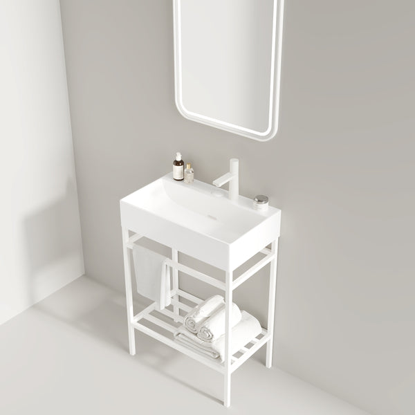 English Elm LOFI Ceramic Integrated Bathroom Vanity 24" with Rectangular Basin, Open Metal Shelf, Easy Clean White W2615S00051