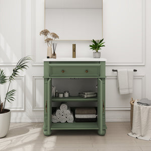 English Elm 27.8" Mid-century Freestanding Bathroom Vanity with Ceramic Sink Drawer and Wood Base Green W1801S00007