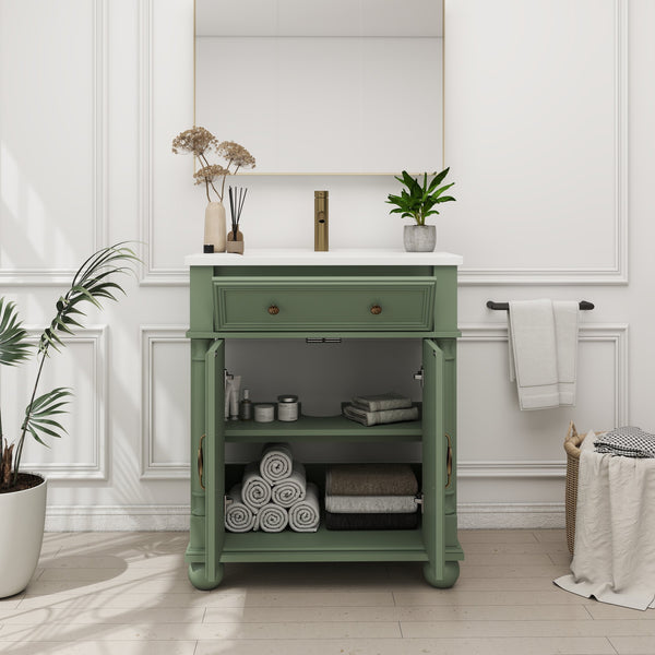 English Elm 27.8" Mid-century Freestanding Bathroom Vanity with Ceramic Sink Drawer and Wood Base Green W1801S00007