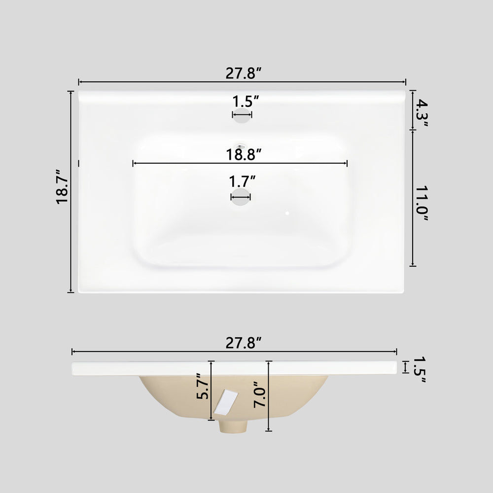 English Elm 27.8" White Ceramic Bathroom Sink with Integrated Basin and Built-in Overflow Drain W1801P404316