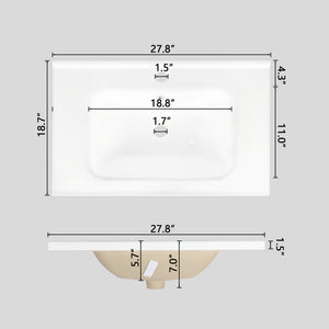 English Elm 27.8" Mid-century Freestanding Bathroom Vanity with Ceramic Sink Drawer and Wood Base White W1801S00006