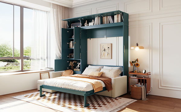 English Elm Queen Murphy Bed with L-shaped Velvet Sofa Storage Cabinets for Studio Living Green LP000765AAA-1