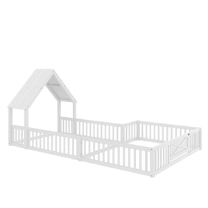 English Elm Full Full Size House Floor Bed with Door & Guardrails, Solid Wood Playful Design for Kids, Safe and Durable White W1580P327130
