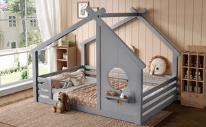 English Elm Full House Floor Bed with Roof Window and Shelf – Solid Pine Kids Loft-Style Low Bed, Durable Design Grey W1580P362698