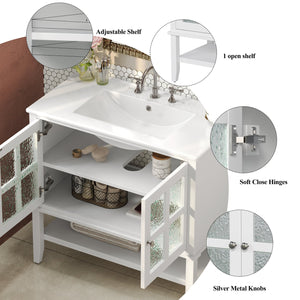 English Elm Christopher Knight Home® - 36" Bathroom Vanity with Ceramic Sink, Solid Wood Legs, Waterproof Finish, Soft-Close Hinges, Open Shelf, Silver Knobs White N817P286249W