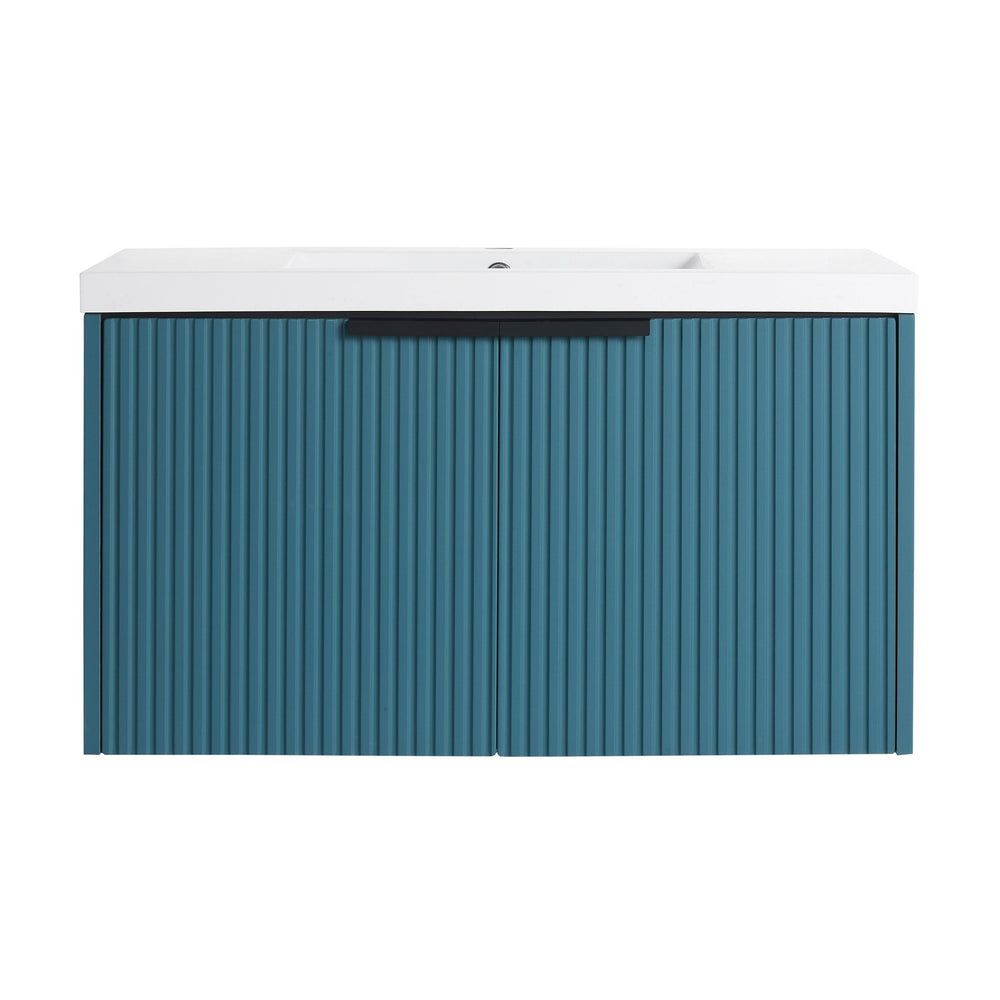 English Elm 36" Floating Bathroom Vanity with Resin Sink, Wavy Doors, Soft-Close Hinges & Durable Plywood Finish Lake Blue W999P251809